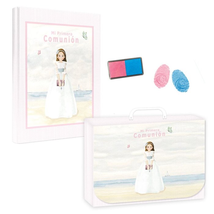 LIBRO COMUNION HUELLAS NIÑA PLAYA + MALETIN